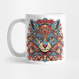 Psychedelic blue and red cat tattoo design Mug